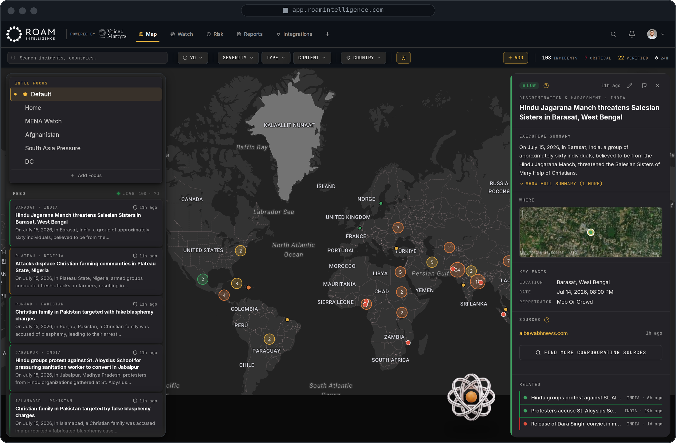 ROAM command center: global incident map with an expanded verified incident dossier